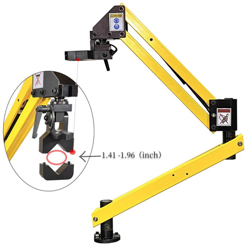 Cantilever Type Flexible Arm With 360 Degree Rotation, close-up of clamp adjustment for precise tapping and drilling, yellow arm
