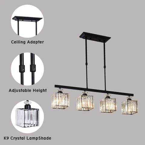 4 Light Crystal Ceiling Pendant Fixture with Adjustable Height Square Modern Chandelier E26 Base for Kitchen Island