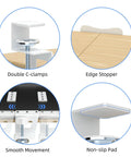 Slick Under Desk Keyboard Tray With Heavy Duty C Clamp Mount showing double C-clamps, edge stop, smooth movement, and non-slip pad.