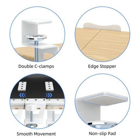 Slick Under Desk Keyboard Tray With Heavy Duty C Clamp Mount showing double C-clamps, edge stop, smooth movement, and non-slip pad.