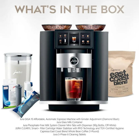 Top Shelf Automatic Espresso Machine Featuring Giant Interactive Touchscreen And Single Button Operation In Sleek Diamond Black Finish Includes Complete Gear Bundle for Serious Home Brewers.