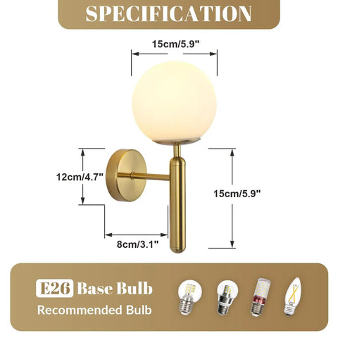 Milk Glass Globe Wall Sconce With Brushed Brass Body In Mid Century Modern Gold Finish specifications shown with E26 bulb base.