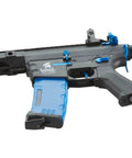 Close-up of the Gen 2 M4 SPR Carbine Blue Airsoft AEG Rifle with top tier full metal gearbox and blue accents visible.
