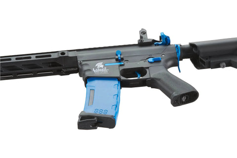 Close-up of the Gen 2 M4 SPR Carbine Blue Airsoft AEG Rifle with top tier full metal gearbox and blue accents visible.