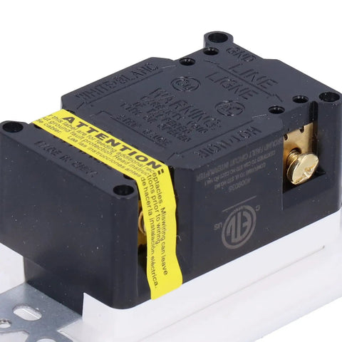 Rock Solid 20 Amp Smart Gfci Outlet With Child Door Shutters and ETL Listing close-up of black terminal with warning label