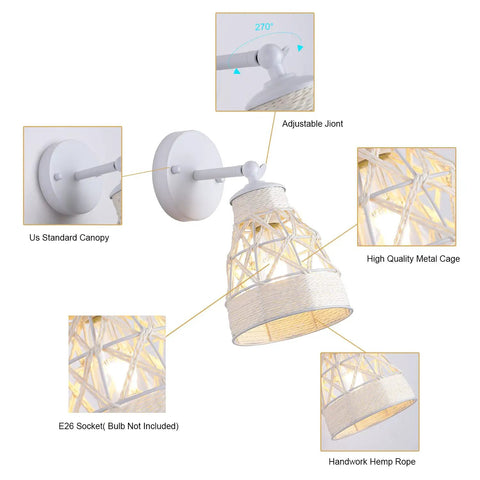 Close-up of adjustable white wall sconce with handwoven rattan cage; part of White Wall Sconces Set Of 2 With Adjustable 240 Degree Swing Arm Dope Boho Rattan Cage Lamps For Farmhouse Indoor Decor In Bedroom Living Room Hallway And Kitchen.