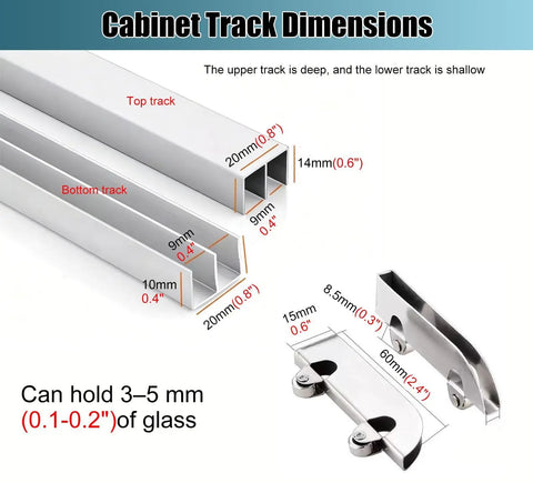 Dimensions of the Double Display Case Sliding Door Track With Rollers Aluminum Rail System showing top and bottom tracks.