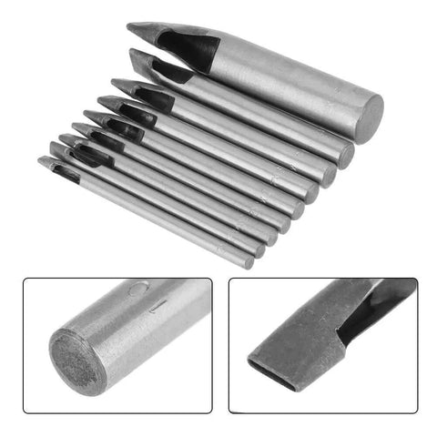 2Mm Leather Oval Hole Punch Kit, 9 Piece Carbon Steel Hollow Punch Set, shown with detailed close-ups of punch head and edge