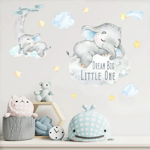 Blue Watercolor Elephant Wall Decals For Kids Room With Moon And Stars Hot Air Balloon Theme Sticker Set Sweet Dream Big Little One Nursery Decor