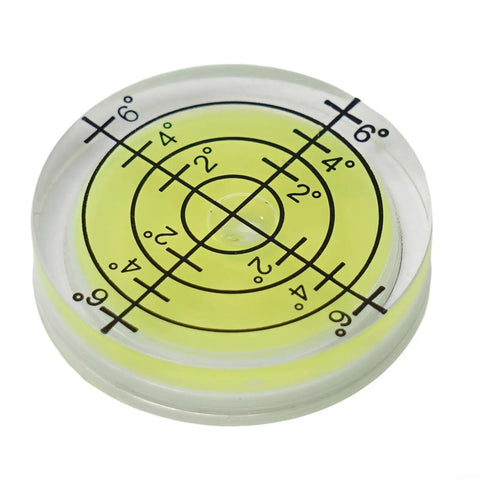 Ehlivhall 32Mm Round Bubble Level, High Precision For Acrylic with bright yellow liquid and black degree markings on a clear surface.