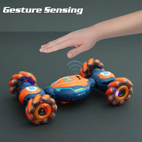 4WD Gesture Control RC Stunt Car For Kids with hand sensing remote, all terrain off road toy for boys and girls, blue and orange design