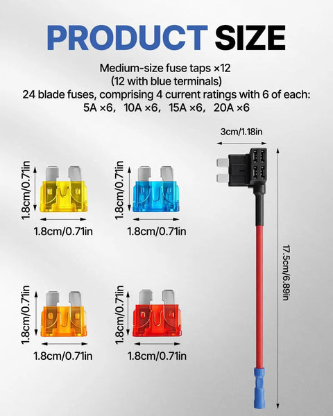 Top Shelf Ride Ready 12V Add A Circuit Fuse Taps With Assorted Blade Fuses, heavy-duty fuse taps with various amp ratings.