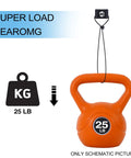 Orange 25 lb kettlebell hanging on a cable with super load warning icon and cable zip tie holder