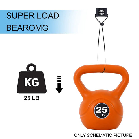 Orange 25 lb kettlebell hanging on a cable with super load warning icon and cable zip tie holder