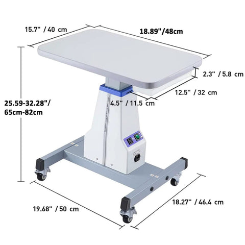 Professional Electric Optometry Lift Table With Motorized Height Adjustment, dimensions and features visible.