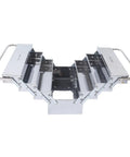 Heavy Duty Stainless Steel Toolbox With Dang Tough Carry Handle Features Four Tier Seven Tray Folding Cantilever Rack For Garage Shop Or Home Office Delivers Heaps Of Nifty Tool Storage And Slick Parts Sorting Daily, showing open design and trays.