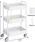 Metal 3 Tier Rolling Cart With Lockable Wheels, Heavy Duty Utility Cart For Garage Or Workshop, Hanging Cups And Hooks