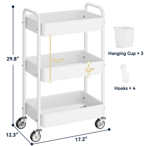 Metal 3 Tier Rolling Cart With Lockable Wheels, Heavy Duty Utility Cart For Garage Or Workshop, Hanging Cups And Hooks