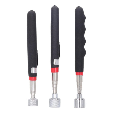 Handy Dandy Telescoping Magnetic Pickup Tool With 10 15 20 Lb Strength Retractable Pen Kit Made For Garage Garage Factory Jobs Featuring Soft Comfortable Grip Handle That Lets You Snag Nails Screws Bolts And More Without Bending Over Or Getting Dirty., three black telescoping pickup pens with red rings and metal tips