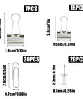 Complete Office Supplies Set With Paper Clips, Binder Clips, And Push Pins in sizes with measurements, silver color
