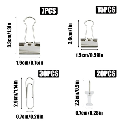 Complete Office Supplies Set With Paper Clips, Binder Clips, And Push Pins in sizes with measurements, silver color