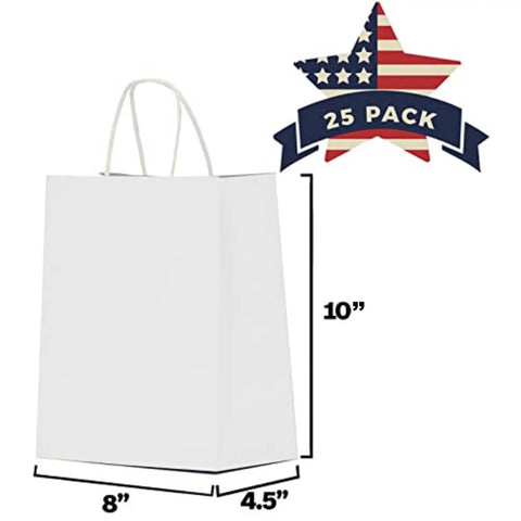 White Paper Gift Bags With Handles Bulk 25 Pcs 8x4.5x10, showing dimensions and pack size