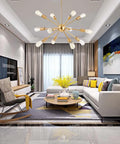 12 Light Brushed Brass Sputnik Chandelier in modern living room, mid century pendant lighting, starburst design with gold finish