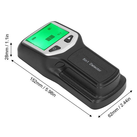 ALIESTFDNO Stud Finder Wall Scanner 5 in 1 Detector with LCD Display for, angled view showing display and dimensions.