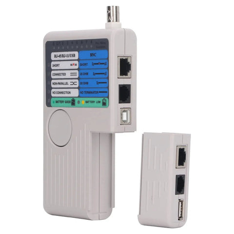 4 In 1 Cable Tester With Quick Response Detachable Modules For Network Telephone BNC USB RJ11 RJ45 And Coaxial Cables Meter Includes BNC Adapter Portable Handheld Tool For Tech Pros, white ABS body