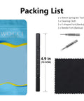 Packing list showing 4.9 in premium watch band tool kit with stainless steel fork tool, caps, cleaning cloth for repair and crafting.