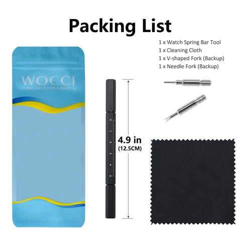 Packing list showing 4.9 in premium watch band tool kit with stainless steel fork tool, caps, cleaning cloth for repair and crafting.