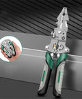 Straight-Up Tough 18-In-1 Folding Wire Stripper And No-Fuss Multifunction Crimping Tool With Integrated Voltage Tester For Automotive Repair And Electrical Jobs Featuring Soft Touch Grips held in hand.