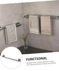 Self Adhesive Bathroom Wall Towel Rack in Gray No Drill Metal Organizer installed on wall holding towels