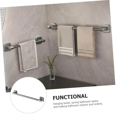 Self Adhesive Bathroom Wall Towel Rack in Gray No Drill Metal Organizer installed on wall holding towels