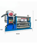 Rock Solid Portable Electric Wire Stripper Machine Effortless Cable Stripping Tool With Heavy Duty Aluminum Frame Smooth Operation For Copper Recycling And Home Workshop Jobs 1 5 To 38 Mm side view showing dimensions 45x29x36 cm and controls.