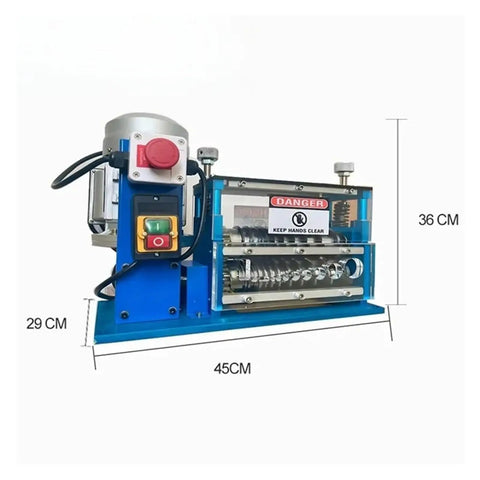 Rock Solid Portable Electric Wire Stripper Machine Effortless Cable Stripping Tool With Heavy Duty Aluminum Frame Smooth Operation For Copper Recycling And Home Workshop Jobs 1 5 To 38 Mm side view showing dimensions 45x29x36 cm and controls.