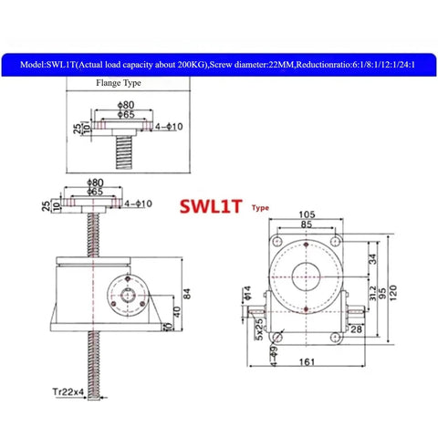 Heavy Duty Hand Cranked Worm Gear Screw Jack 441 Lbs Load Capacity Flange Mount dimensions and specifications diagram.