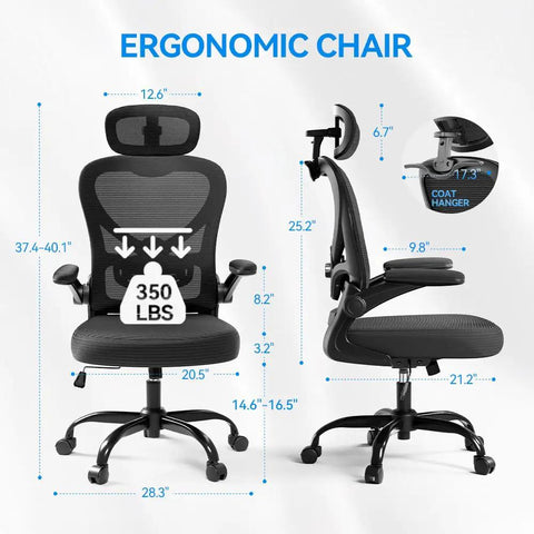 Ergonomic Office Chair With 3D Headrest And Mesh Back All Day Comfort Adjustable Lumbar Support Flip Up Armrests 350 Lb Capacity