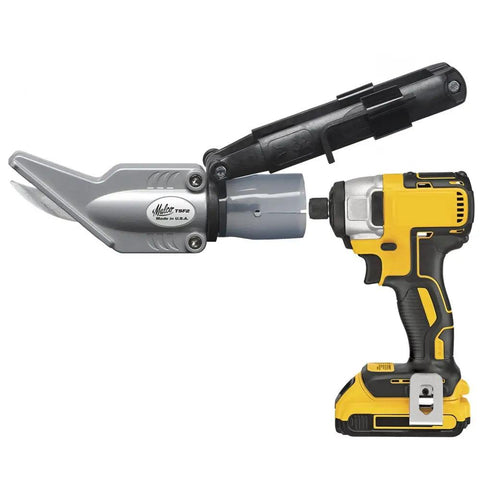 Turbo Shear Fiber Cement Siding Cutter Drill Attachment with 360 Degree Rotating Head, attached to a cordless drill