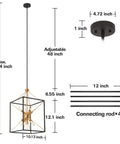 Diagram of 9-Light Industrial Lantern Chandelier with adjustable rods, black and brass finish, max height 69.34 inches