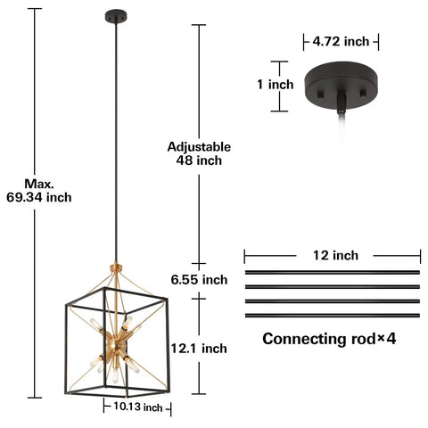 Diagram of 9-Light Industrial Lantern Chandelier with adjustable rods, black and brass finish, max height 69.34 inches