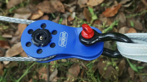 Universal Fit Snatch Block 22,000 Lb Load For Winches, Heavy Duty Rope Pulley With 3/8 To 1/2 Inch Rope, Angled Pull Helper, Grease Fitting, Blue Textured Coating on winch rope