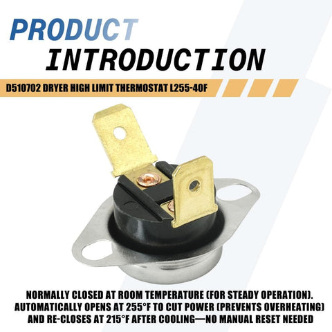 2 Pack Dryer High Limit Thermostat L255-40F, easy install, auto reset, safety cutoff for quiet, efficient drying and preventing overheat