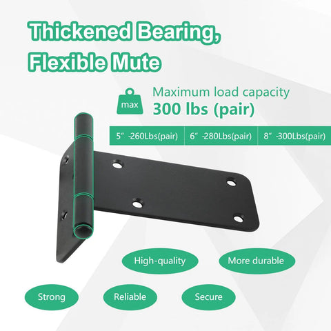6 Inch Gate Hinges 4 Pack Matte Black Beefy Heavy Duty 280 Lbs Capacity For Wooden Or Metal Gates Farm Fence Industrial Grade Hinges That Stand Up To Heavy Traffic, black steel T-strap hinge close-up