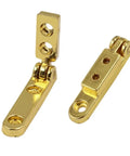 Close-up of two gold 90-degree spring hinges for Ten Piece Gold 90 Degree Spring Hinge For Gift Box Jewelry Case Wine Box Wooden Box Corner Hardware Bracket And Furniture Fittings With Seven Letter Design For Classic Box Upgrades.