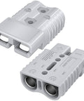 Beefed-Up Battery Quick Connect Disconnect Kit 175 Amp 600V 1/0 AWG Battery Cable Connector Wire Harness For Car Winch And Recovery 2 Pack Durable Plug Housing With Terminals showing two gray housings and terminals