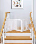 Wooden Freestanding Foldable Pet Gate for Dogs 24 Inch High 3 Panels on staircase, step over fence for doorways and stairs.
