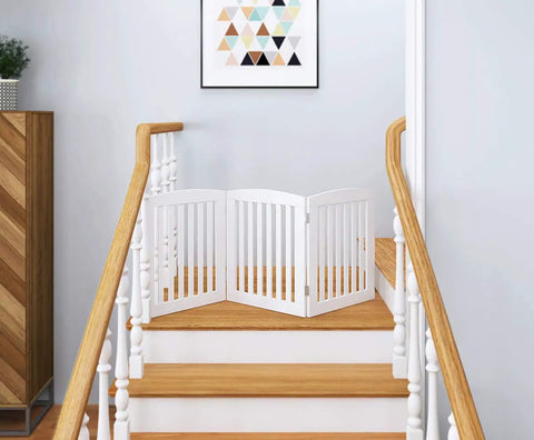 Wooden Freestanding Foldable Pet Gate for Dogs 24 Inch High 3 Panels on staircase, step over fence for doorways and stairs.