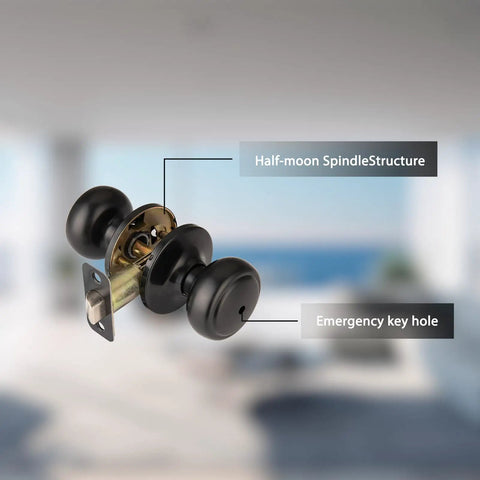 Matte Black Interior Door Knob With Lock For Privacy, Coastal Style Door Handle For Bedroom Or Bath, Easy Install With Round Rosette And Zinc Half Moon Spindle, Durable Lock Button For Quick Emergency Release.