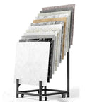 Hella Heavy Duty 12 Tier Metal Tile Display Rack With Wheels showing various stone samples organized on a steel frame.
